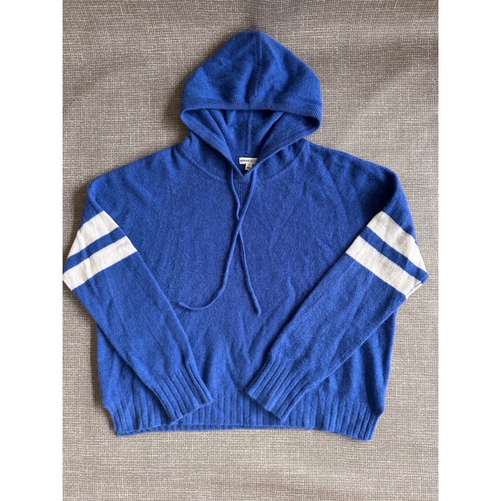 Minnie Rose Blue 100% Cashmere Varsity Stripe Hoodie Sweater L